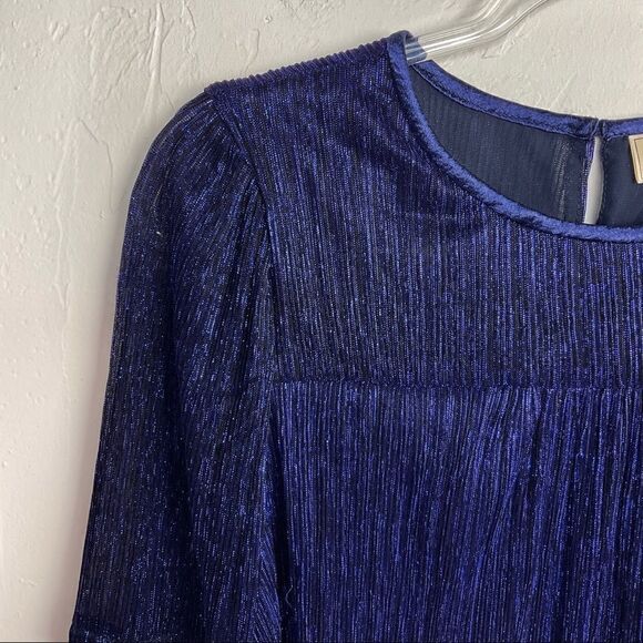 Moulinette Soeurs Anthropologie Blue Metallic Accordion Pleat Long Sleeve Top XS - Picture 3 of 10